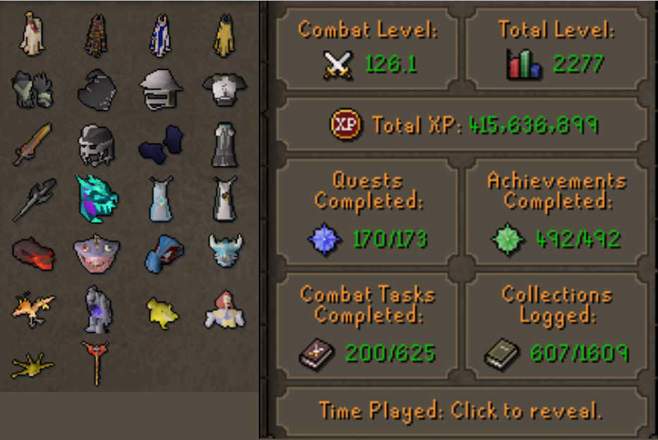 MAX 2277 TTL, INFERNAL, QUIVER, 13 PETS, RARE NAME, JAGEX LAUNCHER DIARIES COMPLETE
